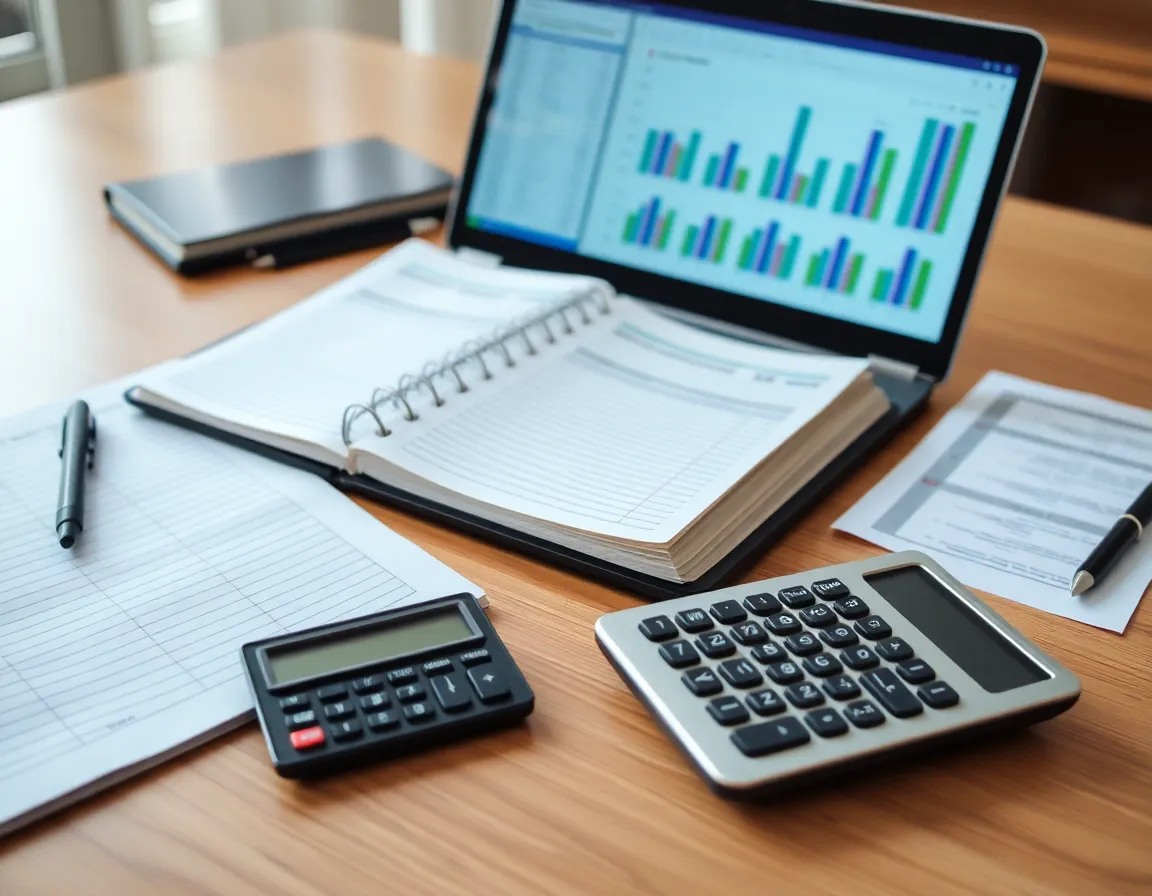 A neat desk with a ledger book, calculator, and a laptop showing financial charts, symbolizing bookkeeping.