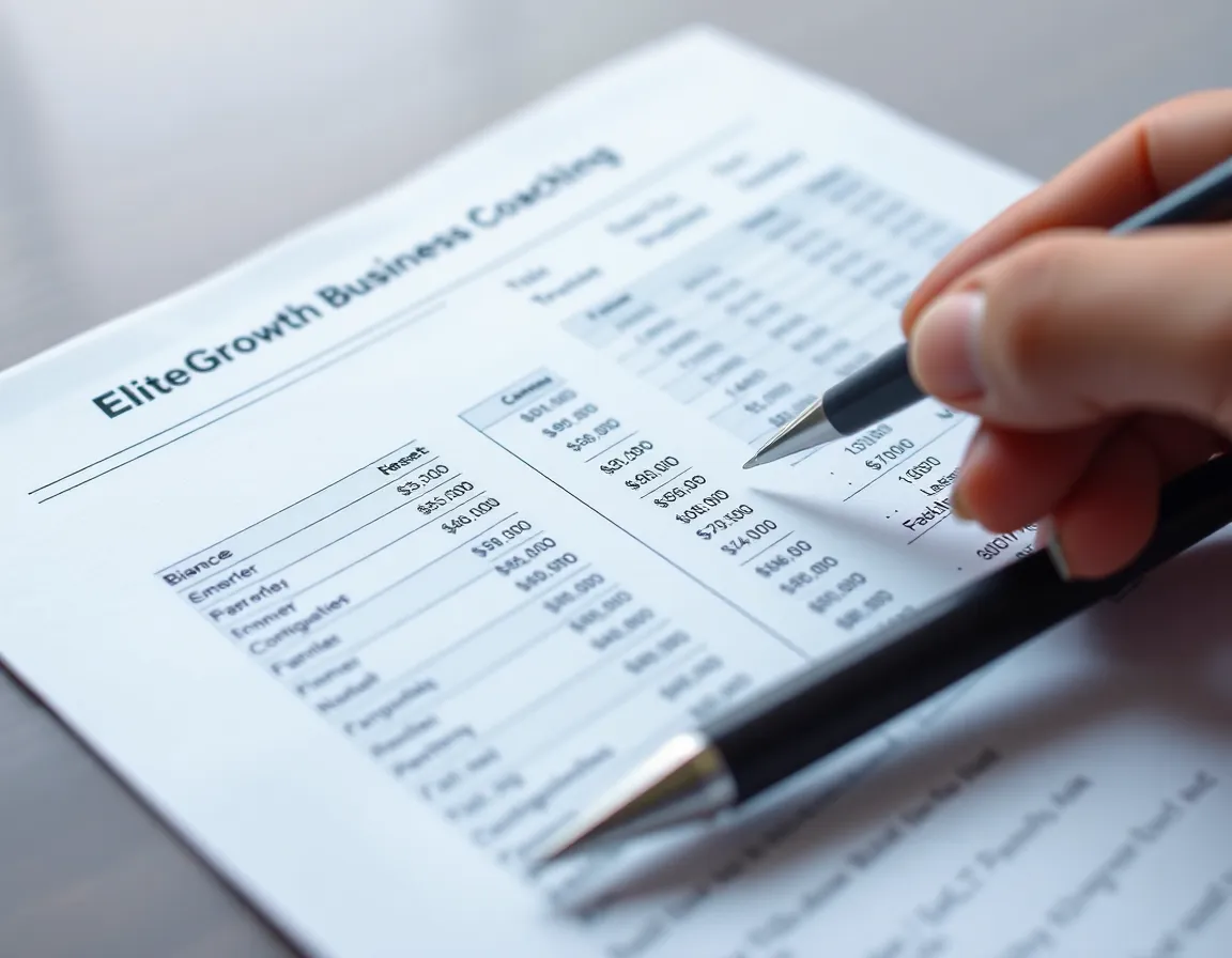 A printed financial report showing a balance sheet and profit & loss statement, being analyzed with a pen.