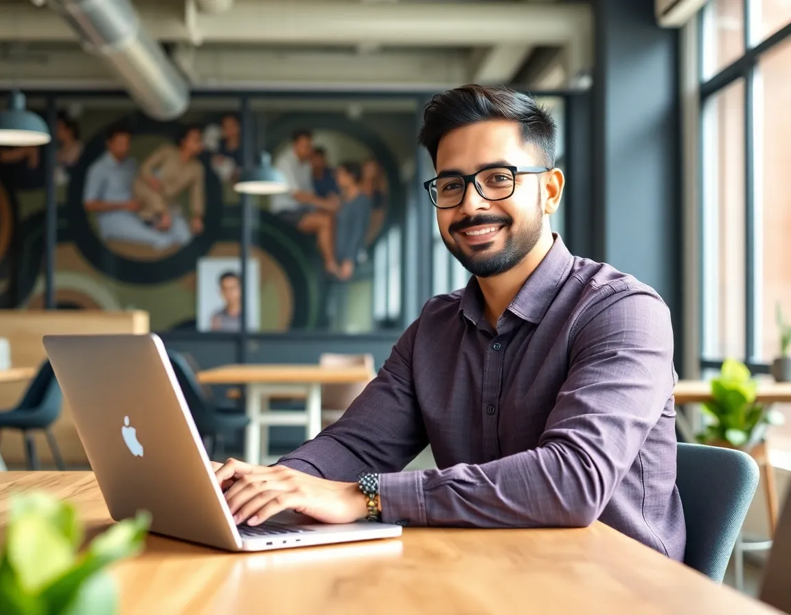 Confident male graphic designer working on a laptop in a co-working space in Mumbai.