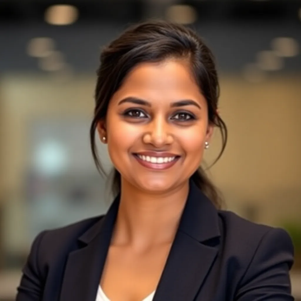 Smiling female founder of a tech startup based in Bengaluru.